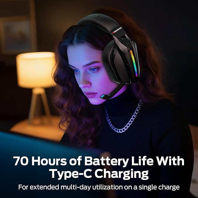 Monster Mission ANC200 Wireless Gaming Headset, 7.1 Virtual Surround Sound, ANC, Stealth Retractable Mic, 70HRS Battery, 2.4GHz or BT, for PC, PS5, Mobile, 3.5mm Audio Jack (Black)