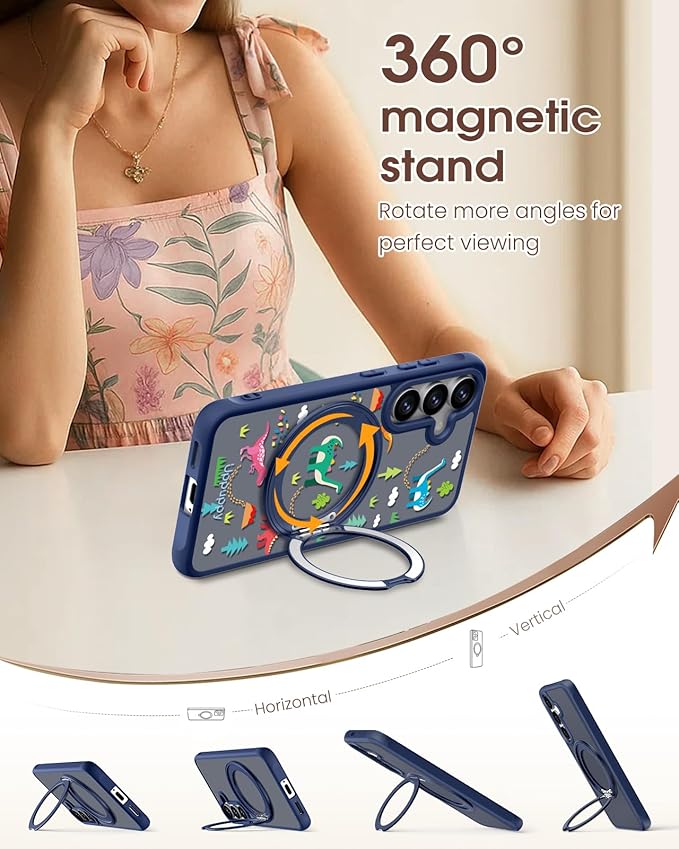 for Samsung Galaxy S25 Case with 360° Rotatable Magnetic Ring - Compatible with MagSafe, Semi-Transparent Anti-Fingerprint Soft-Touch Material Shockproof, Cute Dinosaur Design for Women Girl