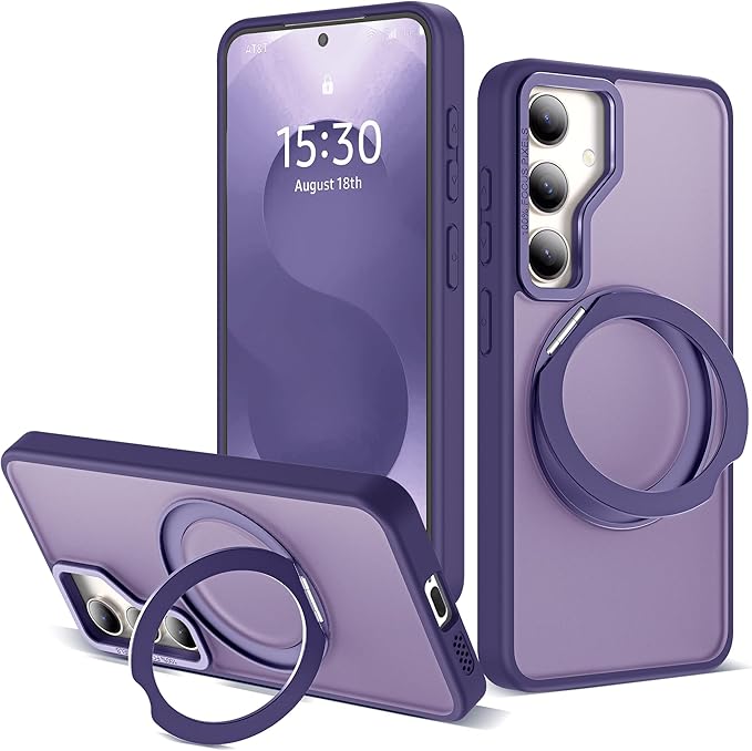 for Samsung Galaxy S25 Plus Case with 360°Rotatable Magnetic Ring Stand Compatible with Mag-Safe Military Protection Shockproof Matte Translucent Phone Cases for Galaxy S25+,Dark Purple