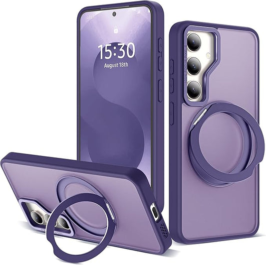for Samsung Galaxy S25 Plus Case with 360°Rotatable Magnetic Ring Stand Compatible with Mag-Safe Military Protection Shockproof Matte Translucent Phone Cases for Galaxy S25+,Dark Purple