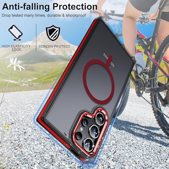 for Samsung Galaxy S24 Ultra Case, Magnetic Phone Case Compatible with Magsafe, Anti-Slip Drop Protection Silky Translucent Back Cover for Galaxy S24 Ultra (Black/Red)