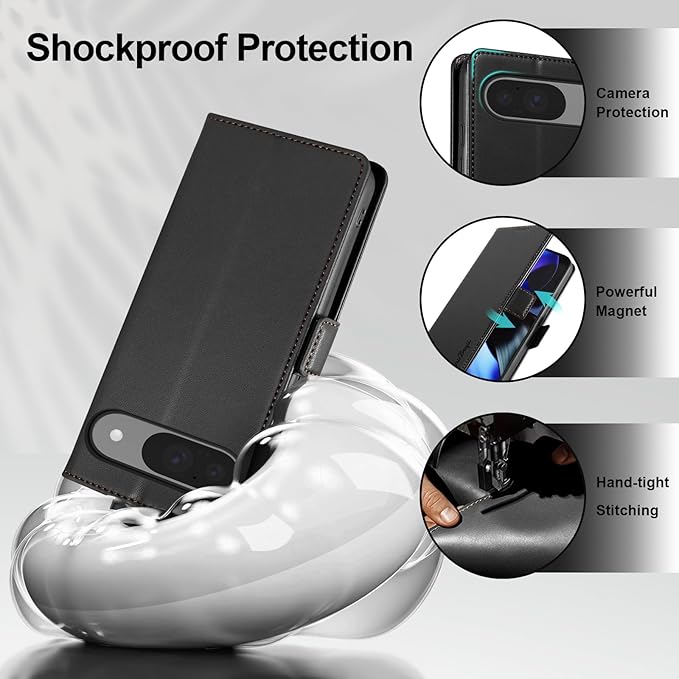 Wallet Flip Case for Google Pixel 9/9 Pro - [RFID Blocking] Luxury PU Leather Card Holder Magnetic Phone Cover with Kickstand,Shockproof Protective Case,Black