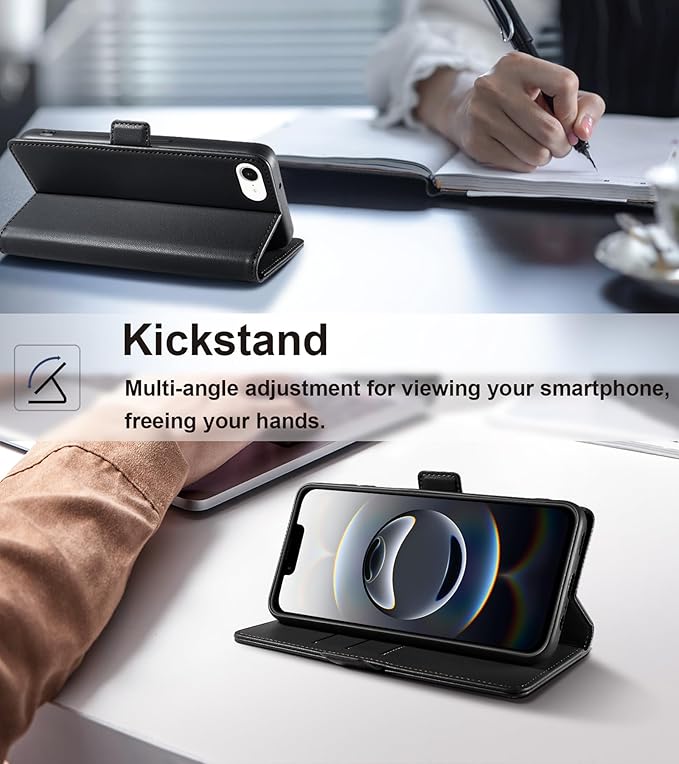 Wallet Flip Case for iPhone 16E 5G - [RFID Blocking] Luxury PU Leather Card Holder Magnetic Phone Cover with Kickstand,Shockproof Protective Case,Black