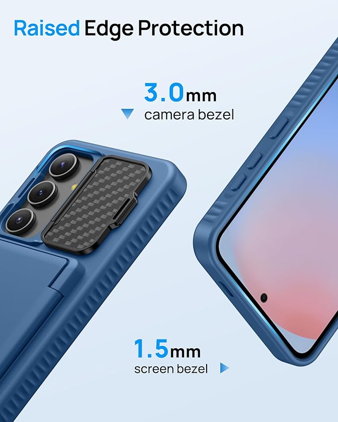 for Samsung Galaxy S24 Fe Case with Card Holder & Kickstand & Camera Lens Cover, Shockproof Rugged Silicone Raised Edge Protective Stand Wallet Phone Cover Case for Samsung S24 Fe 2024, Blue