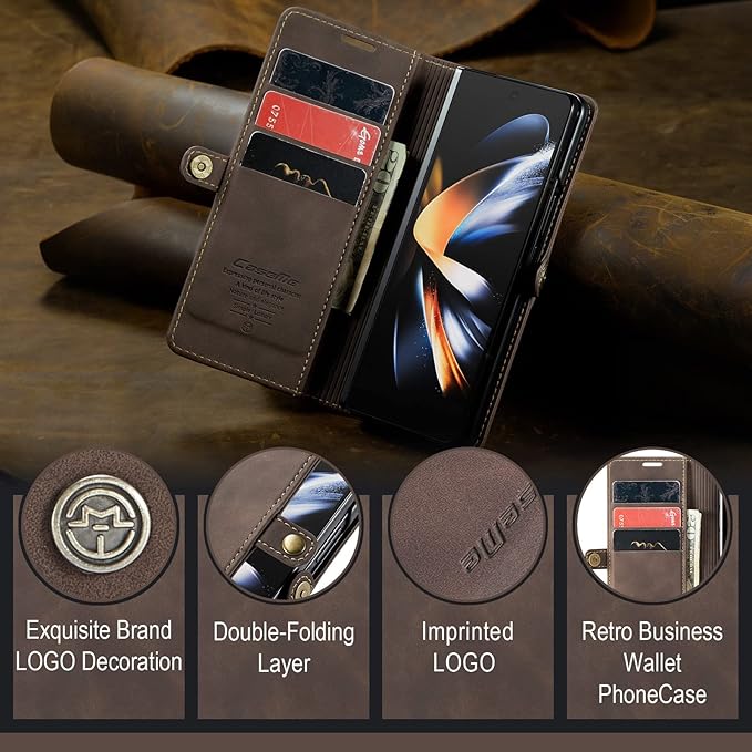 for Samsung Galaxy Z Fold4 Case, Flip Wallet Leather Case with Card Holder Magnetic Closure Shockproof Kickstand Protective Phone Cases Cover for Samsung Galaxy Z Fold4,Coffee