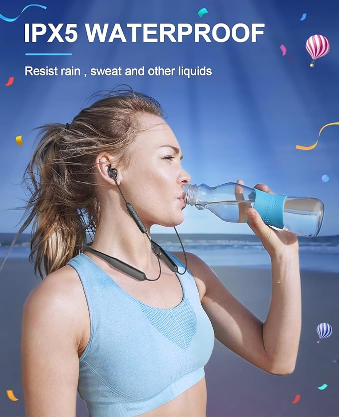 Tecno B1 Bluetooth Headphones, Bluetooth Earbuds Wireless with 60Hrs Playtime, Wireless Bluetooth Headphones for Sports, Sweatproof & IPX5 Waterproof Wireless Headphones（Black）