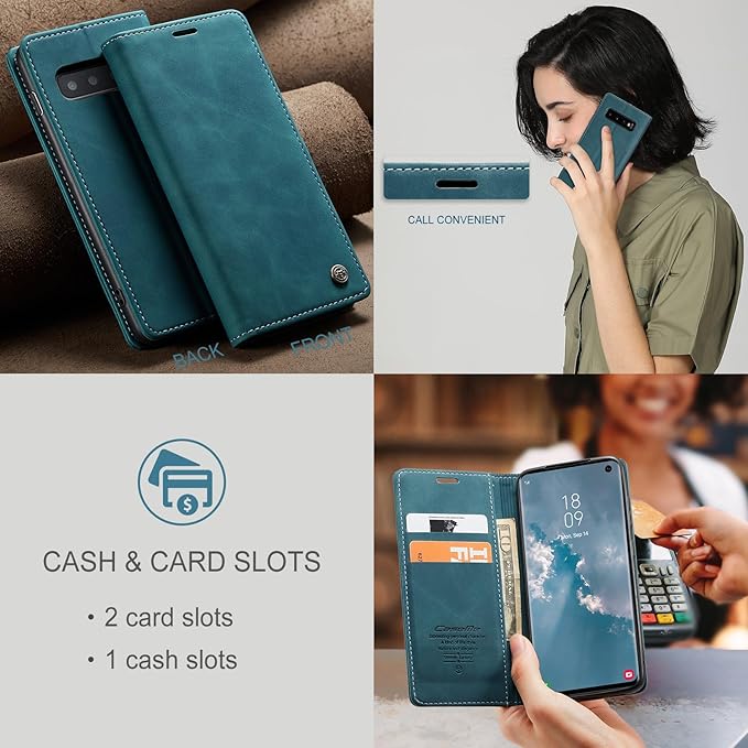 for Samsung Galaxy S10 Case, Flip Wallet Leather Case with Card Holder Magnetic Closure Shockproof Kickstand Protective Phone Cases Cover for Samsung S10,Blue-Green