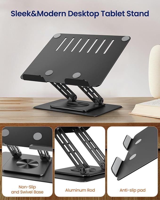 Tablet Stand Holder for Desk with 360° Rotating Base, Dual Rod Adjustable & Foldable Aluminum Stand for Home Office Compatible with 11’’-16’’ Tablets, Black