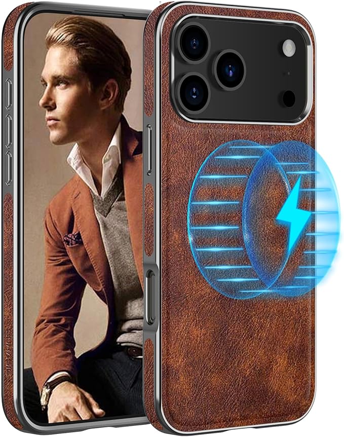 LOHASIC for iPhone 17 Pro Leather Case, Compatible with MagSafe, Vintage Elegant PU & Metal Bumper Trim, Protective Phone Cover Magnetic Case for iPhone17 Pro 6.3" 2025 - Retro Brown