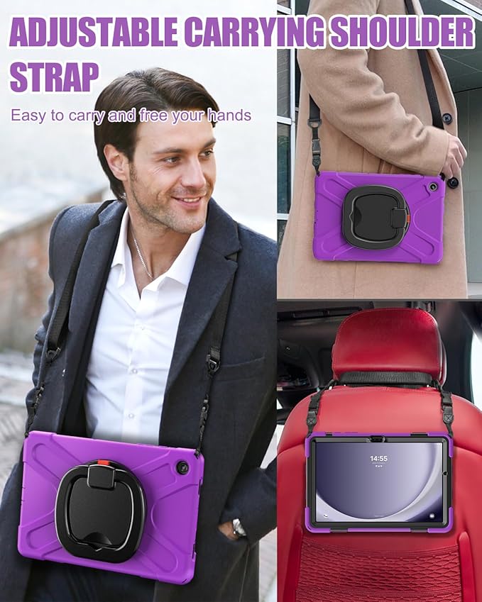 BRAECN Case for Samsung Galaxy Tab A9+/ A9 Plus 11 Inch 2023 SM-X210/X216/X218 with Screen Protector, Rotating Handle Grip, Shoulder Strap, Silicone Heavy Duty Case for Galaxy A9 Plus Tablet, Purple