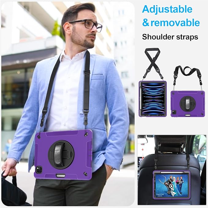 Case for iPad Pro 11 Inch 2022/2021/ 2020/2018: Cover for iPad 11 Inch 4th/ 3rd/ 2nd/ 1st Generation with Screen Protector- Stand- Handle- Shoulder Strap- Pencil Holder Purple