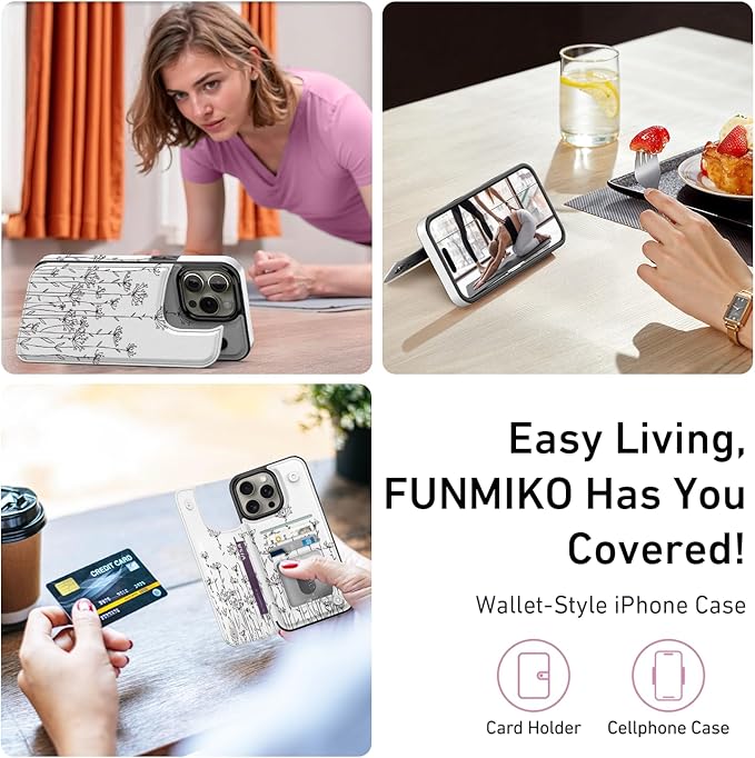 FUNMIKO for iPhone 13 Pro Max Wallet Case with Card Holder, RFID-Blocking, Military-Grade Protection & UV-Printed Artwork, Magnetic Closure with Leather Kickstand - Elegantly Sketched Flower