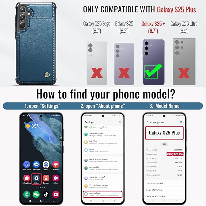 Vinich for Samsung Galaxy S25 Plus Wallet Case with Card Holder, RFID Blocking Credit Slots Kickstand Shockproof Phone Cover for Women Men, Blue