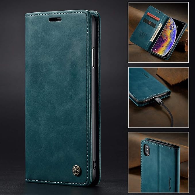 for iPhone X/iPhone Xs Case, Flip Wallet Leather Case with Card Holder Magnetic Closure Shockproof Kickstand Protective Phone Cases Cover for iPhone X, Blue-Green