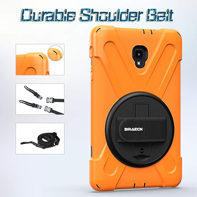 BRAECNstock for Samsung Galaxy Tab A 8.0 (SM-T380/T385) Heavy Duty Shockproof Case with 360 Rotating Kickstand & Hand Strap Shoulder Strap - Orange
