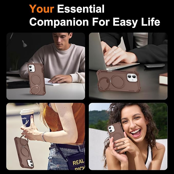 Compatible with iPhone 16 Case with Invisible Magnetic Ring Stand [Compatible with Magnetic] [Military Drop Protection] Shockproof Slim Hard Back Soft Edge Case 6.1 Inch, Khaki