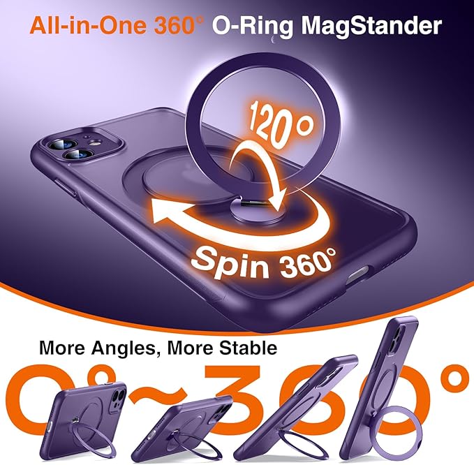 360° O-Ring MagStander for iPhone 11 Case with Magnetic Kickstand Ring Holder [Compatible with MagSafe][360°Rotate Stand Ring][Military Shockproof] Magnet iPhone 11 Phone Cover Matte Purple