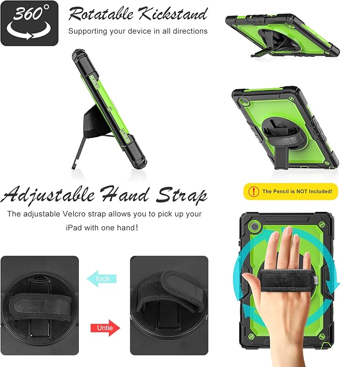 Case for Samsung Galaxy Tab A8 10.5-inch Tablet Case 2022 SM-X200/X205/X207, [with Tempered Glass Screen Protector] Rotating Kickstand/Hand & Shoulder Strap/S Pen Holder (Green)