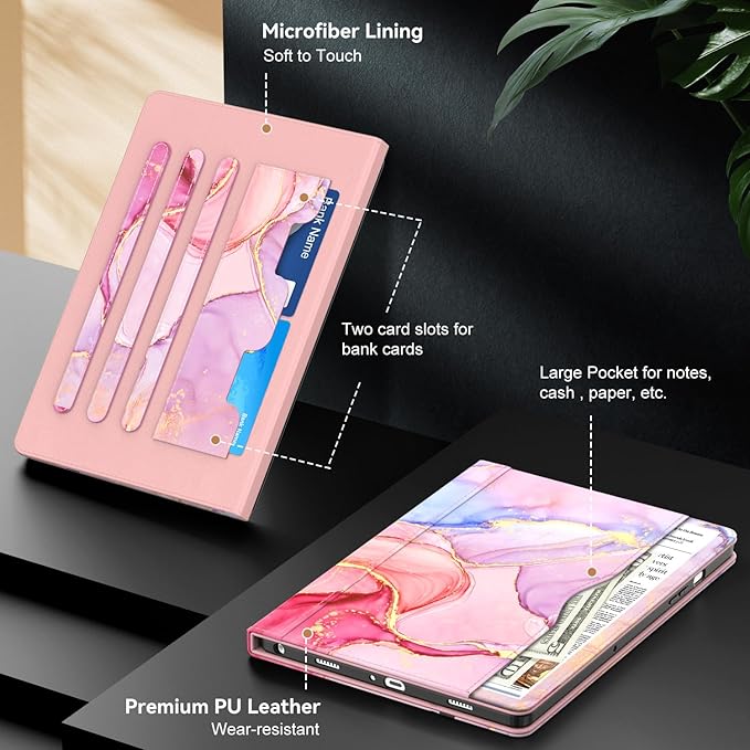 OKP Case for Samsug Galaxy Tab A9+ Plus 11 inch 2024(SM-X210/X216/X218), PU Leather Folio Cover with Multi-Angle Stand//Pen Holder, Auto Wake/Sleep Case for Galaxy A9+ 11" Tablet (Marble Pink)