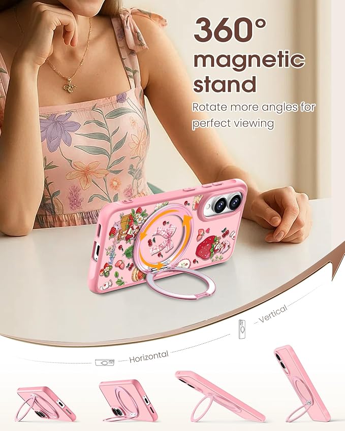 for Samsung Galaxy S25 Edge Case with 360° Rotatable Magnetic Ring - Compatible with MagSafe, Semi-Transparent Soft-Touch Material Shockproof, Cute Pink Strawberry Design for Women Girl