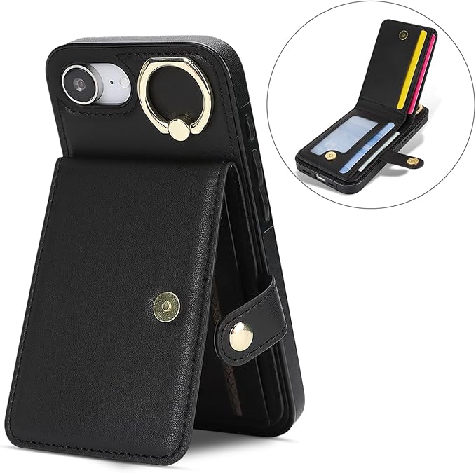 Compatible iPhone 16e Wallet Case with Card Holder RFID Blocking PU Leather Doubles as a Wallet Unisex Flip Shockproof Protection with Card Slots Ring Wrist Kickstand Function,Black