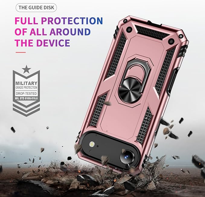 ADDIT Compatible with iPhone 17 Air Case with Tempered Glass Screen Protector, Adjustable Kickstand Ring, Military-Grade Heavy Duty Protection, Shockproof, Anti-Fingerprint,Rose Gold