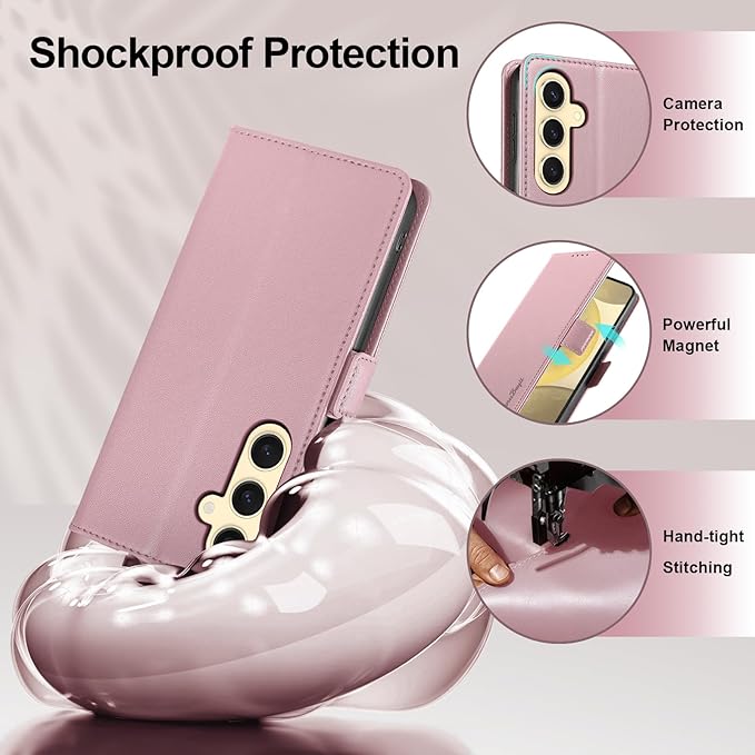 Wallet Flip Case for Samsung Galaxy S25 5G - [RFID Blocking] Luxury PU Leather Card Holder Magnetic Phone Cover with Kickstand,Shockproof Protective Case,Pink