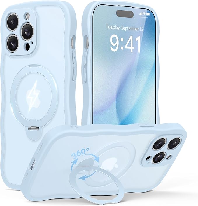 for iPhone 14 Pro Max Case for Women,[Compatible with Magsafe][360° Spin Magnetic Stand][Cute Wave Edge][Military-Grade Protection]Translucent Matte Phone Case for iPhone 14 ProMax, Baby Blue