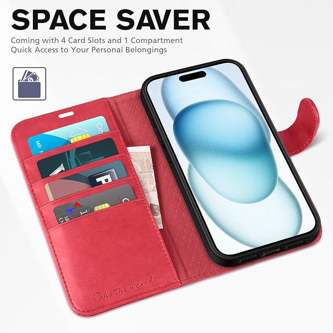 TUCCH Wallet Case for iPhone 15 6.1", [RFID Blocking] [4 Card Slots] TPU Interior Protective Case, Magnetic Closure Folio Shockproof PU Leather Stand Flip Cover Compatible with iPhone 15 5G 2023, Red