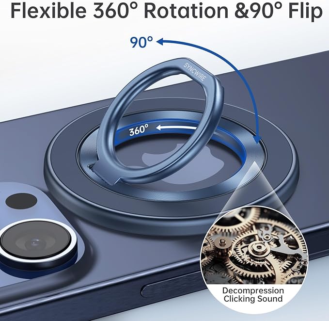 SYNCWIRE Magnetic Phone Ring Holder for MagSafe, 360° Rotation Cell Phone Grip Stand Finger Ring Kickstand Two-Sided Magnet Compatible with iPhone 17 Pro Max 16 15 14 13 12 MagSafe Accessories