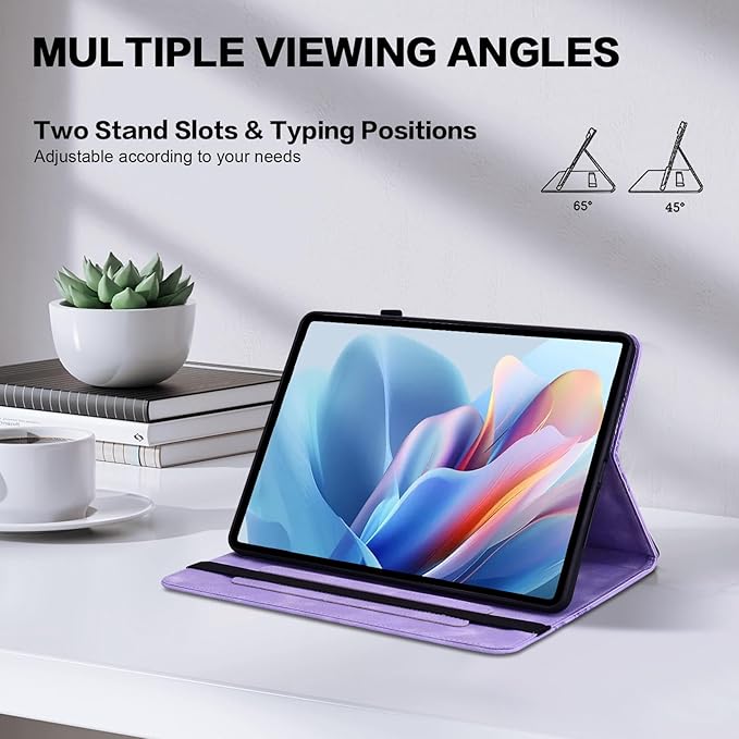 Case for Lenovo Idea Tab Pro 12.7 Inch 2025, Embossed Heart PU Leather Protective Tablet Case with Elastic Band & Card Slots/Holder, Multi-Angle Viewing Stand Cover ，Purple