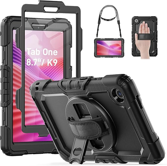HXCASEAC Case for Lenovo Tab One/Tab K9 2025 (TB-305FU) 8.7 inch, with Screen Protector/Rotating Hand Strap/Sturdy Stand, Protective Cover for Lenovo one Tablet - Black