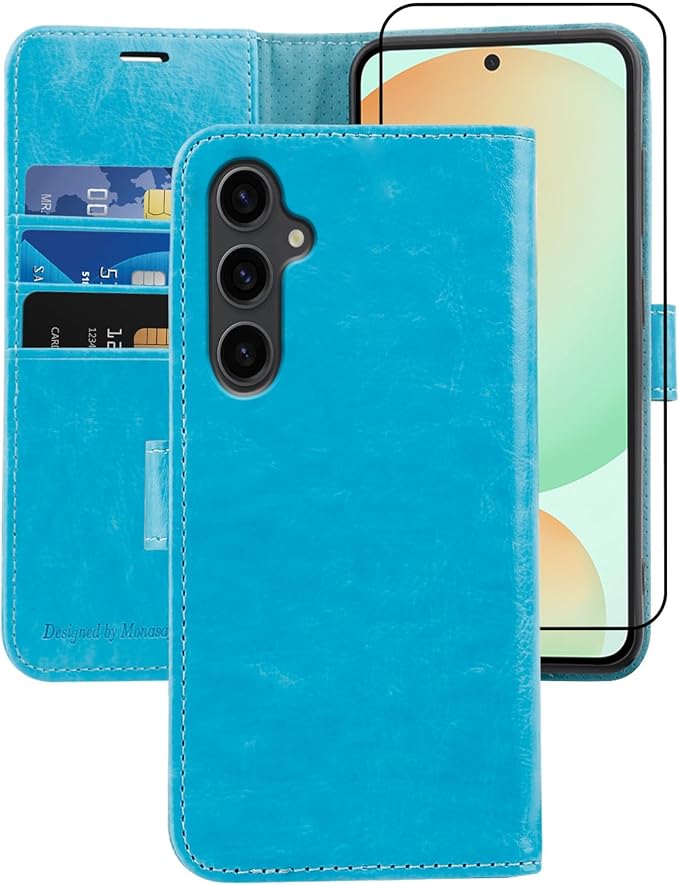 MONASAY Wallet Case Fit for Samsung Galaxy S24 FE 6.1 inch 5G,[RFID Blocking] Flip Folio Leather Cell Phone Cover with Credit Card Holder, Light Blue