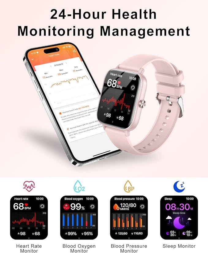 Smart Watch for Women with Bluetooth Call Answer/Dail,1.85" DIY Dial Fitness Watch with Heart Rate Sleep Monitor Step Counter 120+ Sports Modes Waterproof Women's Smart Watch for Android iOS (Pink)