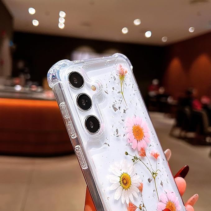 Compatible with Samsung Galaxy S25 Case Cute Pressed Dried Real Flowers Design Women Girly Shockproof Glitter Floral Clear Phone Cover for Galaxy S25 (Pink Flower)