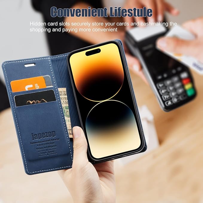 japezop Compatible with iPhone 14 Pro Wallet Case,with [RFID Blocking] Credit Card Slots Folio Magnetic Stand,Leather Flip Case Wallet for iPhone 14 Pro 5G 6.1 Inch(Blue)