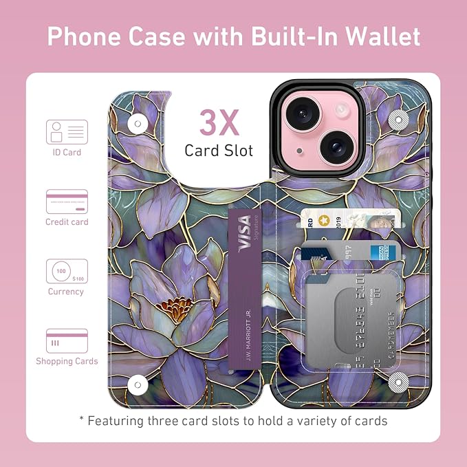 FUNMIKO for iPhone 13 Mini Wallet Case with Card Holder, RFID-Blocking, Military-Grade Protection & UV-Printed Artwork, Magnetic Closure with Leather Kickstand - Dreamy Lotus