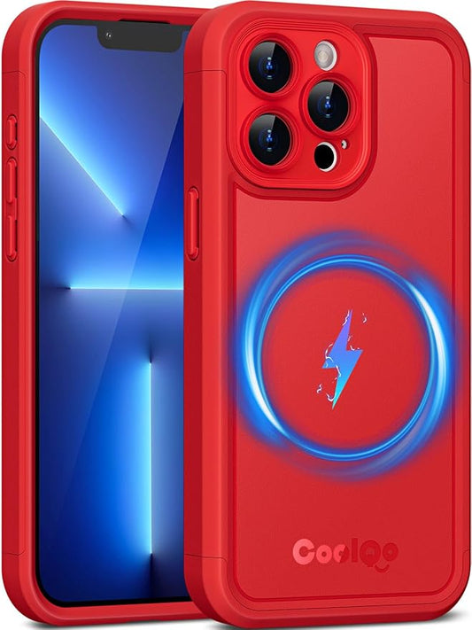 COOLQO Magnetic for iPhone 13 Pro Max Case, Compatible with MagSafe, Dual Layer Design Military Grade Protection, Translucent Matte Scratch-Resistant Back Protective Shockproof Phone Case, Red