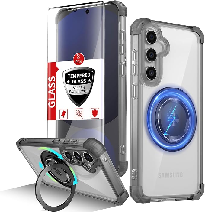 for Samsung Galaxy S24 FE Case Compatible with Magnetic Wireless Charging with 2 Screen Protectors,Galaxy S24 FE Case Built-in Kickstand Ring Military Grade Drop Protection Shockproof Black