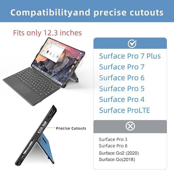 Case for 12.3" Microsoft Surface Pro 7+/7/6/5/4/Pro LTE Protective Rugged Cover Case, with Stylus Pen Holder and Hand Strap, Compatible with Type Cover Keyboard, Blue