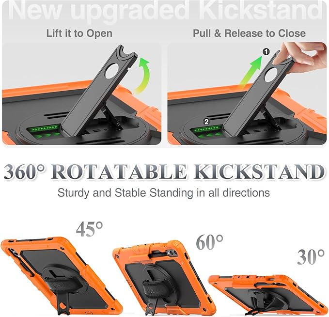 SEYMAC stock Case for Samsung Galaxy Tab S10 Plus/ S9 FE Plus/ S9 Plus 5G Tablet 12.4'' Case with Screen Protector Pencil Holder [360 Rotating Hand Strap] &Stand, Drop-Proof, Orange1