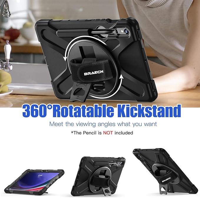 BRAECNstock for Samsung Galaxy Tab S10 Lite/ S10 FE/ S9 FE/ S9/ S8/ S7 5G Case 10.9"/11", Shockproof Protective Case with Pencil Holder, 360° Rotating Hand Strap & Stand, Shoulder Strap, Black