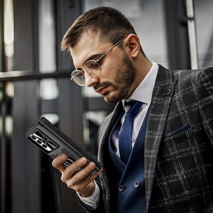 VEGO for Galaxy Z Fold 4 Case with Belt Clip Holster, 360°Ring Magnetic Kickstand & Camera Cover & Front Screen Protector, Hinge Protection Shockproof Armor Cover - Midnight Black