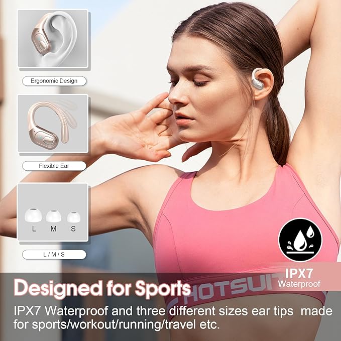 Wireless Earbuds 75hrs Bluetooth 5.4 Headphone Sport, 2025 Bluetooth Earbuds Stereo Deep Bass Over Ear Bud with Earhooks, ENC Noise Cancelling Mic, IPX7 Waterproof Earphone Rose Gold