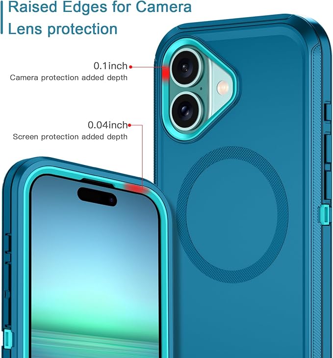 for iPhone 16 Case [Compatible with MagSafe] Shockproof 3-Layer Full Body Protection [Without Screen Protector] Rugged Heavy Duty Cover Case for Apple iPhone 16 6.1",Turquoise
