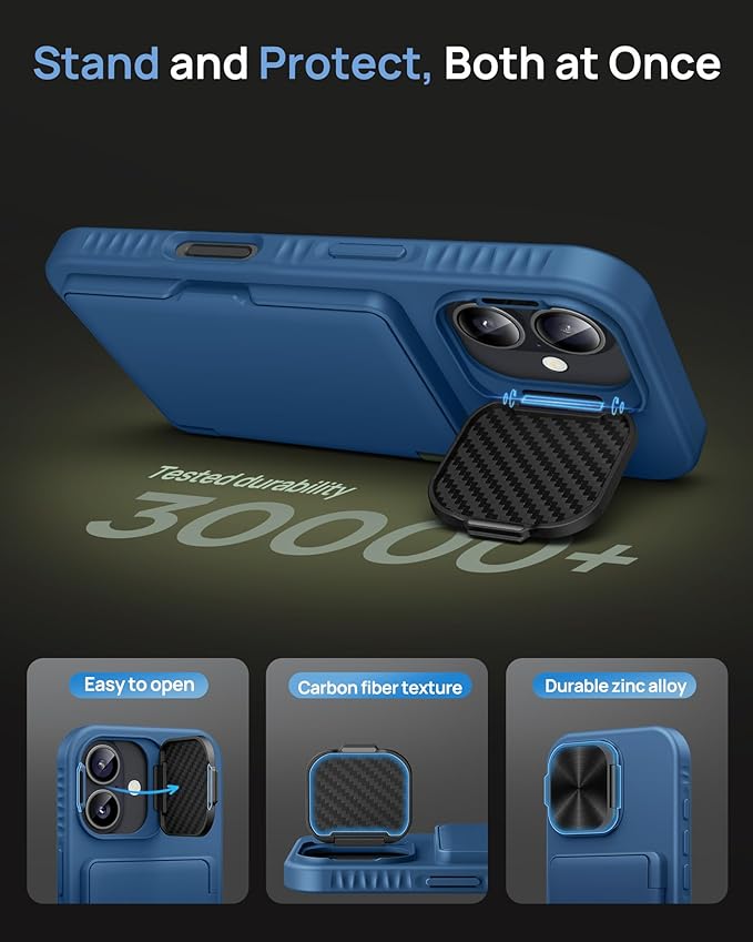 for iPhone 16 Case with Card Holder, Built-in Stand & Camera Lens Cover, Shockproof Rugged Silicone Raised Edge Protective Multifunctional Wallet Phone Case Cover for iPhone 16 6.1" 2024, Blue