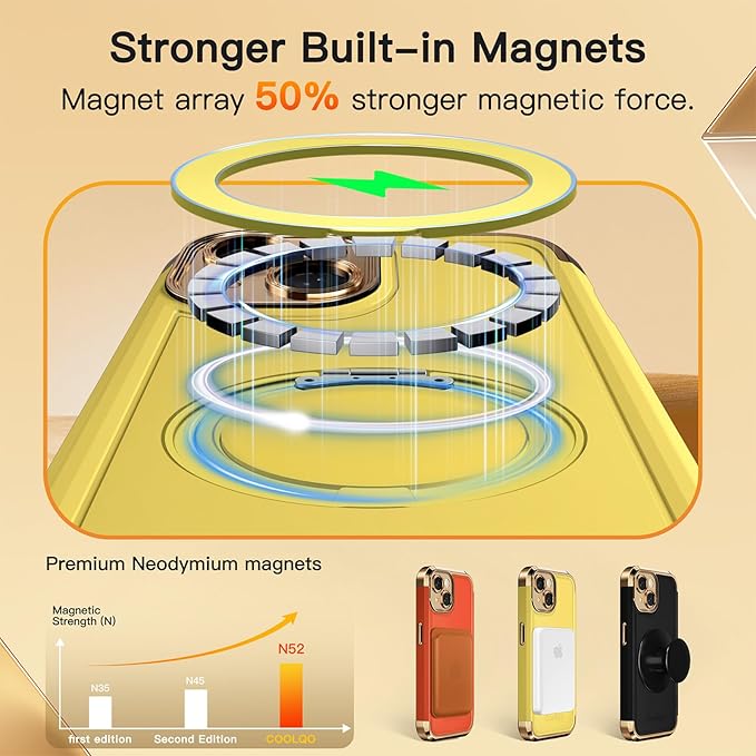COOLQO for iPhone 15 Case 6.1'' Upgraded 360° Spin Magnetic Stand [Compatible with Magsafe][Military Protection] Plating Matte Scratch-Resistant Back Protective Shockproof Phone Case, Yellow Gold