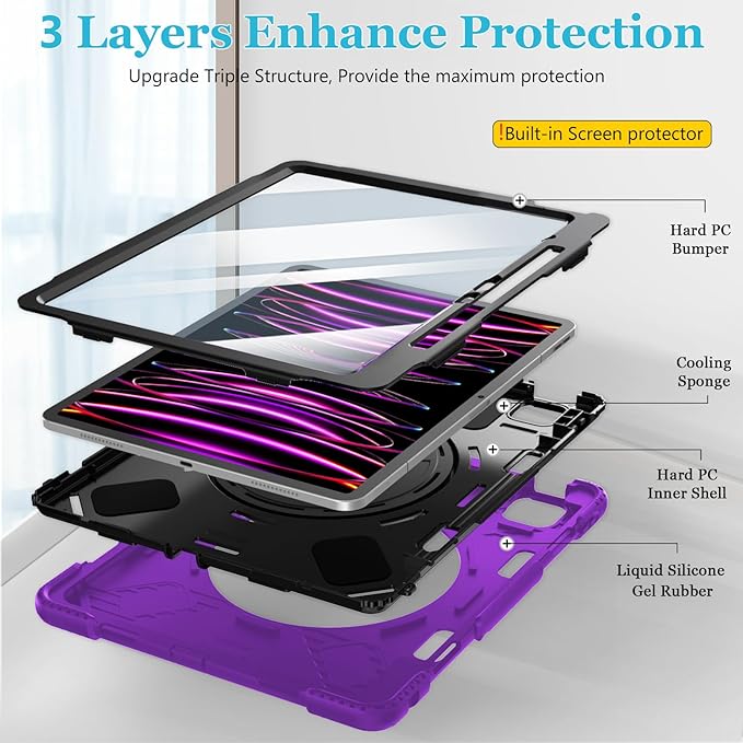 Case for iPad Pro 12.9 2022/2021/ 2020/2018: Cover for iPad Pro 12.9 6th/ 5th/ 4th/ 3rd Generation with Screen Protector- Stand- Pencil Holder- Handle- Shoulder Strap Purple