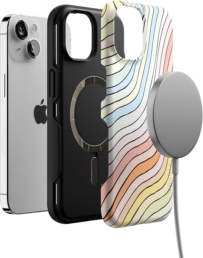 Casely iPhone 14 Case | Ride The Wave | Pastel Rainbow Lined | Compatible with MagSafe | Bold Protective Design