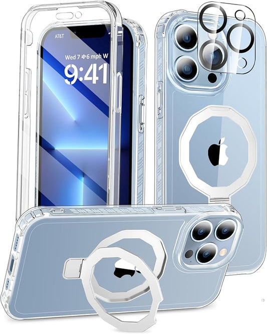 Compatible with iPhone 13 Pro Case, Built-in Screen Protector & Seamless Stand, with Camera Lens Protector, Strong Magnetic Clear Phone Case, Full Body Protective Cover for 6.1" (Clear)